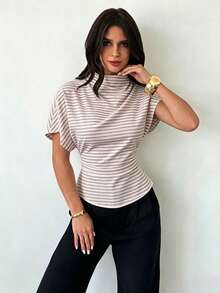 Firerie Wrinkled Collar Asymmetrical Sleeve Side Ruched Cinched Waist Commuter Apricot Bamboo Fiber Linen Blouse For Women, All Season - White - View 3