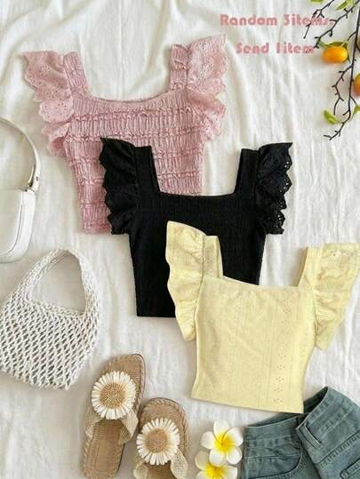 Tween Girls' Casual Elegant Square Neck Ruffle Trim Jacquard Fabric Camisole