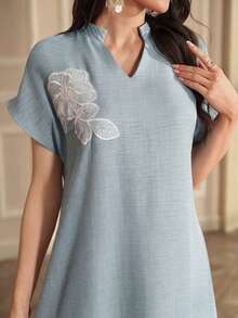 Al Najma Embroidered Floral Shoulder Sleeve Notched Neck Short Sleeve Elegant Dress - Blue - View 1