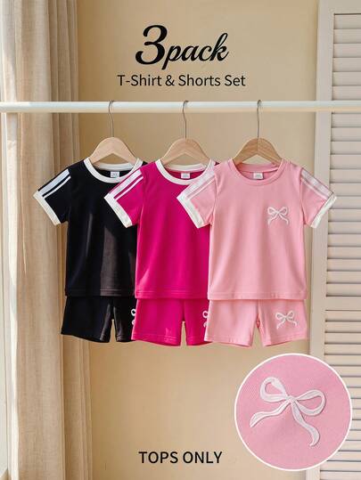 SHEIN Playful Pals 3 Pack 3pcs Baby Girls Toddler Girls Infant Kids Children Little Girls Tween Girls Cute Girly Era Y2K Style Sporty Casual Chic Stylish Vintage Bow Graphic Print Contrast Trim Striped Sleeve Solid Pink Black Short Sleeve Crew Neck Round Neck Tee Soft Squishy Lightweight Tops T-Shirts Shirts Blusas Clothes Clothing Outfits Apparel Summer Outfits Daily Wear School Sport Picnic Birthday Vacation Beach Summer Spring