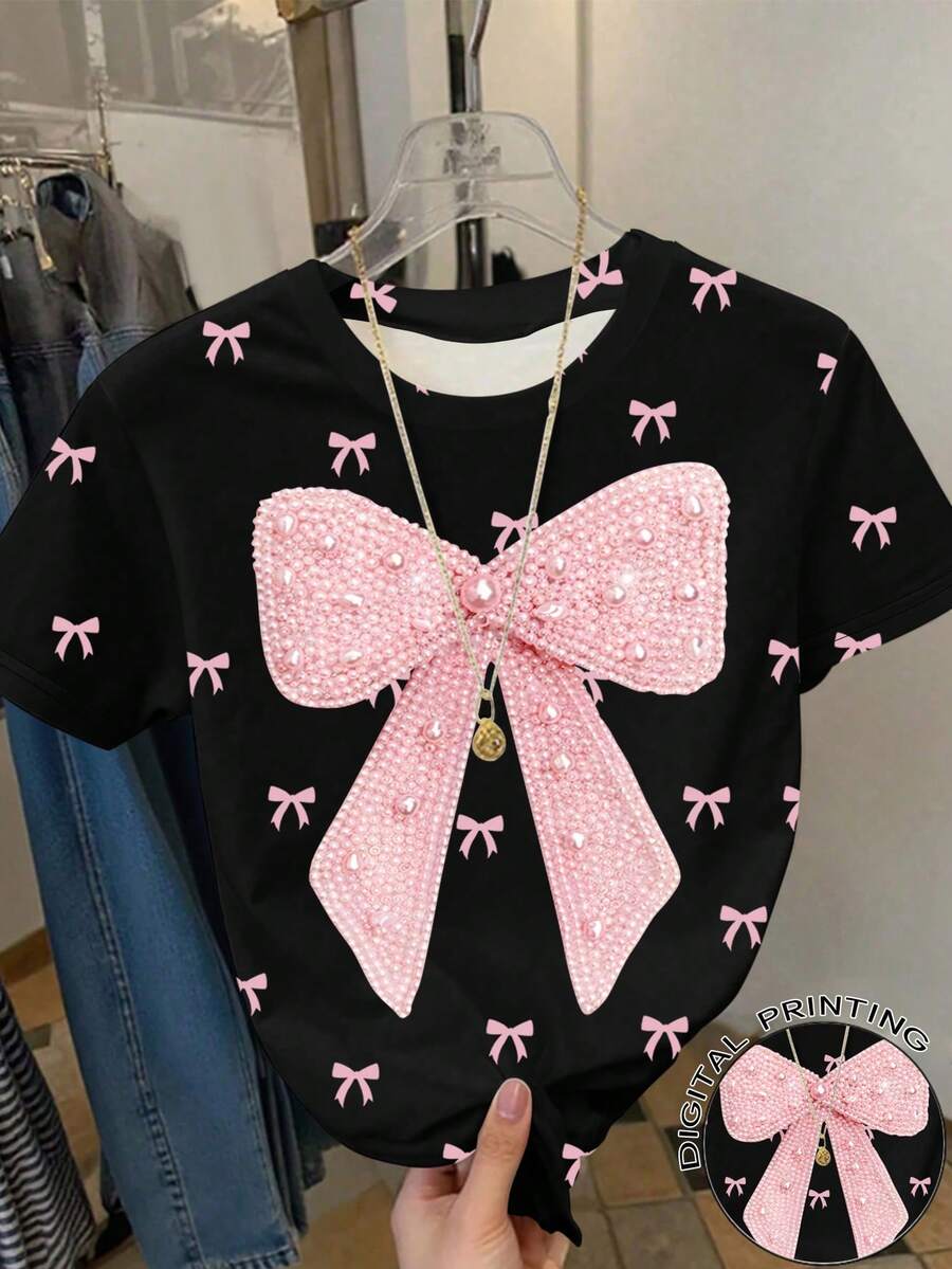 Camiseta de manga corta con cuello redondo y estampado de lazo detallado, de estilo casual y elegante para niñas preadolescentes, adecuada para salidas, fiestas y uso diario, tops de verano - Multicolor - Ver 1