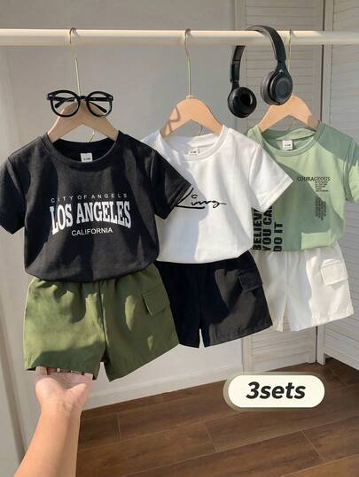 SHEIN Bộ 6 món cho bé trai, áo thun dài tay cổ tròn dáng rộng in hình tiếng Anh, chất liệu mềm mại, kèm quần short cạp chun, thích hợp cho mùa xuân/hè, đi nghỉ mát, dự tiệc, phù hợp cho bé từ 6 tháng đến 3 tuổi, nhiều món để phối đồ.
