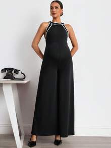 MaterniWear 孕婦時尚百搭對比色圓領休閒連身褲 - 黑色 - 查看 6