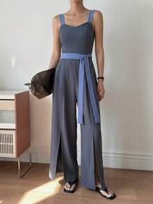 DAZY Women's Summer Casual Vacation Daily Commute Colorblock Belted Camisole Wide Leg Jumpsuit - Blue - View 2