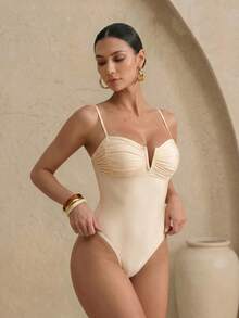 Anewsta Costume da bagno intero da donna con arricciature, colore unito, spalline sottili sexy, adatto per vacanze al mare, controllo pancia. Costume da bagno intero da donna, colore unito, spalline sottili, adatto per vacanze al mare. Costume da bagno intero da donna con laccio sulla schiena. Costumi da bagno modellanti da donna. Costumi da bagno da donna con controllo della pancia. - Albicocca - Visualizzare 3