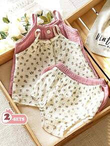 Vintaside Kids Conjunto de Regata e Shorts Triângulo Casual Sólido Rosa e Damasco para Recém-Nascidos, Adequado para Uso Casual e Fotografia - Multicolorido - Visão 6