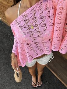 Sunnyshic Resort-Style Boho Casual Cropped Knit Cape, Summer Women's Knit Top Beach Vacation Light Pink - Pink - View 1