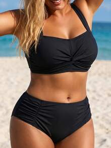 Swim Lushoire Plus Size Women 2pcs Solid Color Twist Front Ruched Tummy Control Bikini Set Set, Suitable For Vacation Party Beach White Summer - Black - View 1