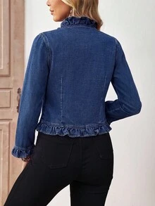 SHEIN LUNE 女款百褶休閒百搭日常穿搭長袖牛仔外套 - 深色水洗藍 - 查看 2