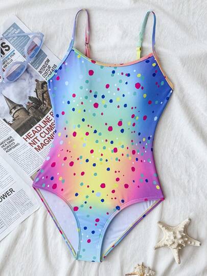 SHEIN Tween Girl/Tween Girls Summer New Knitted Ombre Gradient Print One-Piece Swimsuit, Simple One-Piece Swimsuit For Beach Vacation, Competitive Swimwear