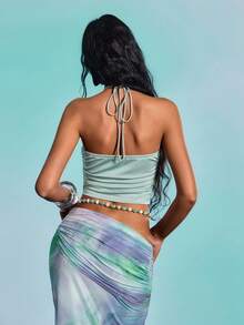 Barévion Women's Summer Camisole Top, Sexy Party Beach Wear, Tie-Front Beaded Fitted Ruched Crop Top - Green - View 7