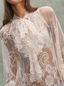 Bohemela Solid Color Lace Ruffle Hem Loose Blouse For Women, Spring/Summer,Summer Top - Apricot - View 5