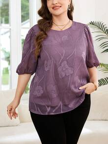 Reflora Plus Size Elegant Purple Summer Top,Formal Work Casual Solid Color Cutout Round Neck Blouse,Fashionable Sequin Sparkly Tops For Women - Purple - View 5