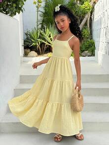 Tween Girls' Vacation Casual Ruffled Strap Backless Bowknot Dress, Summer Beach Holiday Dress Yellow, Vacation, Bow - Multicolor - View 2