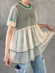 FRIFUL Women's Solid Color Sheer Mesh Short Sleeve Layered Ruched Ruffled Contrast Trim Loose Casual Versatile Top, Spring/Summer - White - View 1