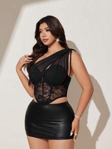 Viva Relle Plus Size Women's Black Lace Hollow-Out Avant-Garde French Chic Elastic Knit Undershirt Dress,Summer 70's Night Out Club Party Social Outfit - Black - View 3