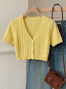 SHEIN EZwear 女士短袖单排扣短款薄款开衫 - 黃色 - 查看 2
