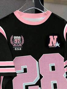 SHEIN Sparklyn 女童 Tech Youth 系列拼色數字 28 印花運動 T 恤，粉黑配色夏季休閒校園返校男孩女孩青少年 T 恤球衣 - 彩色 - 查看 3