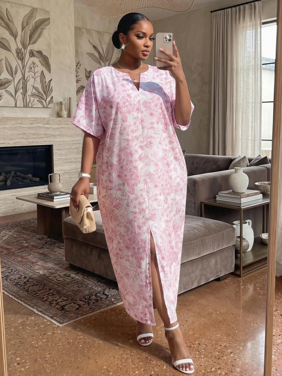 SHEIN Lady CURVE Đầm xẻ tà dáng suông in họa tiết thời trang mùa hè dành cho nữ cỡ lớn - Nhiều màu - Xem 1
