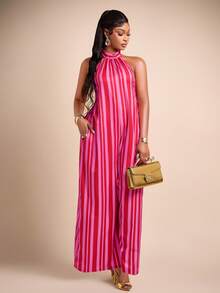Brilight Women's Casual Pink Stripe Summer Flared One-Piece Pants,Daily-Style Contrast Neck-Length Vacation Outfit,Easter Oversized Party Big Sizes - Hot Pink - View 5