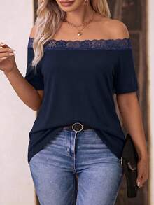 EMERY ROSE Casual Vintage Basic Lace Patchwork Off-Shoulder Short Sleeve T-Shirt, Plus Size - Blue - View 1