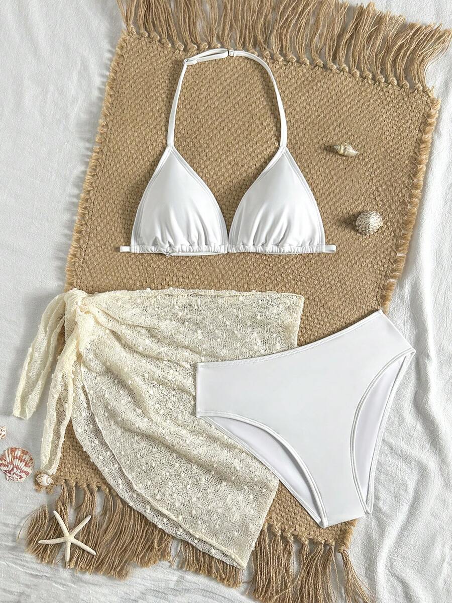 SHEIN 青少年女孩素色抓皺時尚內衣內褲套裝附圍裙泳裝三件組 - 白色 - 查看 1