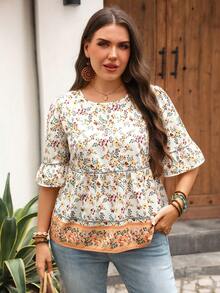 EMERY ROSE Plus Size Women Floral Print Casual Traditional Elegant Boho Versatile Daily Wear Summer Top For Beach Vacation White - Multicolor - View 1