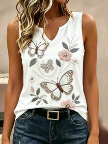 EMERY ROSE Plus Size Women Faux Butterfly & Floral Pattern V-Neck Top, Comfortable For Casual Daily Wear - Multicolor - View 4