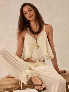 Easelle Bộ đồ nữ phong cách Bohemian ren chắp vá xếp nếp dây đeo vai lãng mạn cho kỳ nghỉ - Nhiều màu - Xem 1