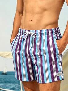 Manfinity VDAYZ 1 chiếc quần short đi biển nam kiểu dáng nghỉ mát, phối màu tương phản, kẻ sọc, có dây rút ở eo. - Màu xanh nhạt - Xem 5