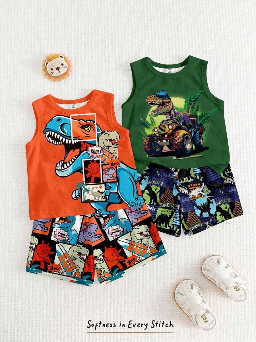 Baby Boy New Vest & Shorts Set, Suitable For Spring/Summer, Cool Cyberpunk Dinosaur Pattern Print, 4 Pieces, 3 Sets, Get 2 Set Random - Multicolor - View 1