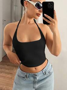 SHEIN ICON Tank Top Halter Neck Minimalis Kasual Warna Hitam, Cocok Untuk Musim Panas, Atasan Musim Panas - Hitam - View 6