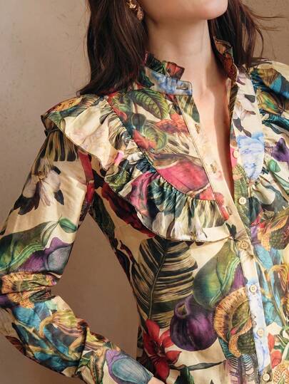 Anewsta Áo kiểu nữ cao cấp tay dài, cổ bèo nhún, họa tiết hoa in kỹ thuật số phong cách retro chic, nhiều màu sắc.