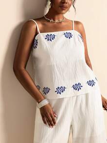 Elaquor Plus Size Minimalist Print Camisole Top And Pants 2 Pieces Set Casual Two Piece Set For Women Flower Print Sets Boho Style Two Pieces Set For Women - White - View 5