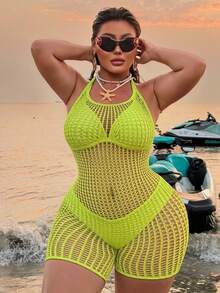 Swim SXY 2026 New Sexy & Romantic High Elasticity Knit Halter Sleeveless Black Plus Size Cover Up - Green - View 1