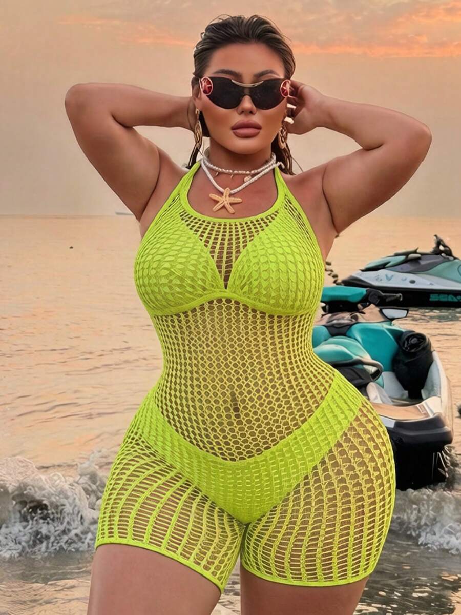 Swim SXY 2026 New Sexy & Romantic High Elasticity Knit Halter Sleeveless Black Plus Size Cover Up - Green - View 1
