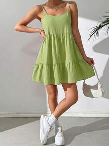 SHEIN EZwear 亮绿色休闲吊带露背娃娃裙 - 青檸色 - 查看 4