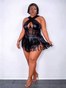 CurvyTilda Plus Size Plain Cross Contrast Mesh Bodysuit Vacation Summer, For Hourglass Body Shape - Black - View 1