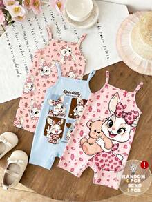 [RANDOM 4 PCS SEND 1 Pc] Pink Summer Cute Baby Girl Casual Strap Romper,Vintage Leopard Bow Cartoon Rabbit Graphic,Family Matching Korean Style Y2K - Multicolor - View 3
