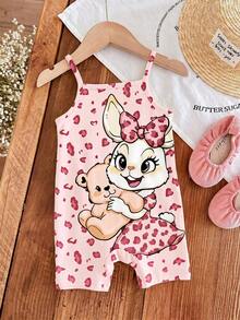 [RANDOM 4 PCS SEND 1 Pc] Pink Summer Cute Baby Girl Casual Strap Romper,Vintage Leopard Bow Cartoon Rabbit Graphic,Family Matching Korean Style Y2K - Multicolor - View 4