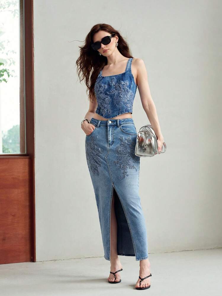 WOMEN'S BEADED EMBROIDERED SLIT DENIM SKIRT