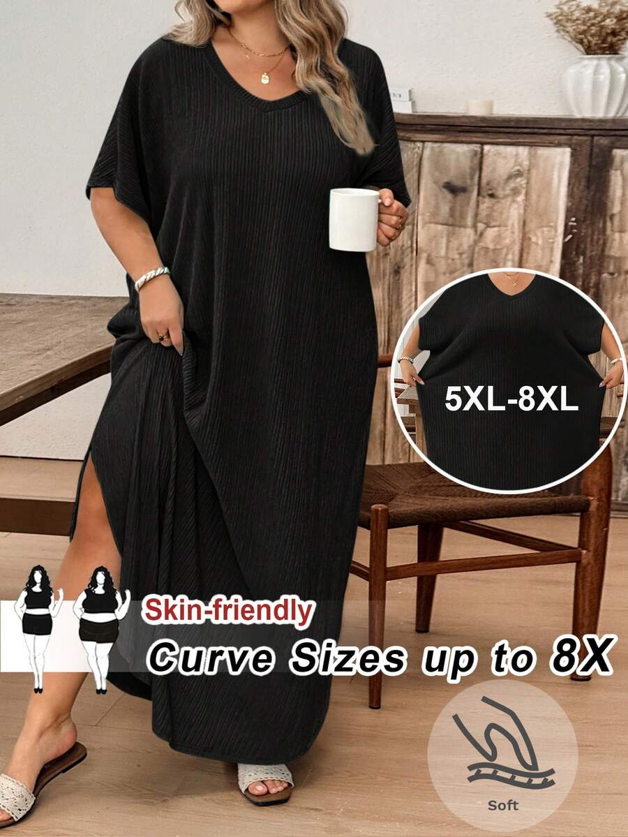 SHEIN CURVE+ 大尺碼女款純色V領蝙蝠袖口袋休閒T恤洋裝，適合夏季/鄉村風/海邊度假穿搭/海灘穿搭/海灘服飾 - 黑色 - 查看 1