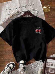 EMERY ROSE Kaos Wanita Kasual Lengan Pendek Leher Bulat Motif Ceri, Musim Panas - Hitam - View 2