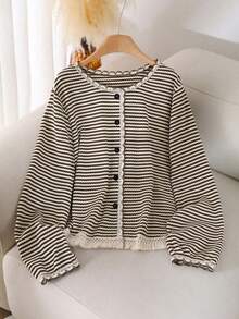 Franclia Plus Size Women Casual Striped Shell Trim Button Front Top Fall - Brown - View 3