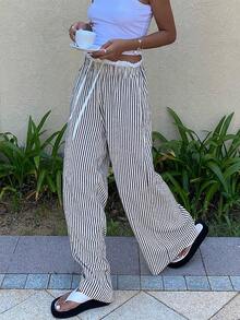 SHEIN X ITS MICH Livesso Casual Loose Women's Striped Straight Trousers With Waist Tie Fall - Black and White - View 8