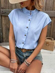 Zayélia Women's Summer Casual Vacation Commute Vacation Solid Color Mandarin Collar Cap Sleeve Button Front Shirt Light Blue - Blue - View 6
