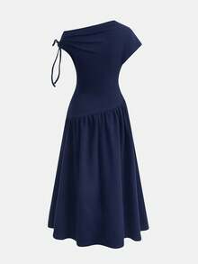 SHEIN Đầm maxi màu xanh hải quân trơn, vai lệch, xếp ly, thắt nơ, eo chun, kiểu dáng thanh lịch, thích hợp cho bé gái tuổi teen, dạo chơi mùa xuân/hè. - Xanh đậm - Xem 2