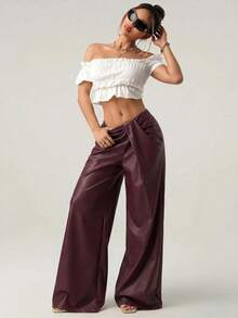 SHEIN ICON Quần ống rộng xếp ly màu trơn bằng da PU dành cho nữ, kiểu dáng thường ngày. - Màu Đỏ Sâu - Xem 8
