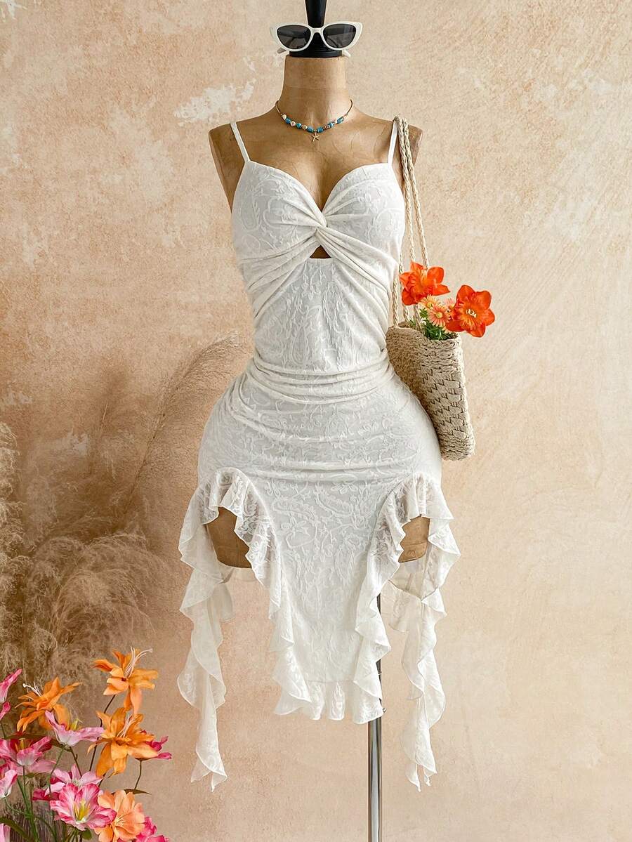 Soleia Women's Fashion Front Knot Ruched Lace Patchwork Asymmetrical Hem Dress - Beige - View 1