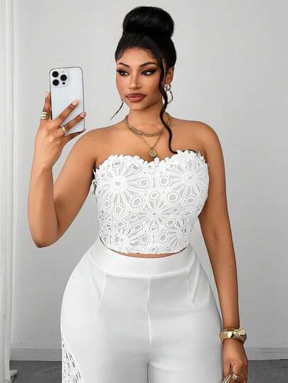 Maweii Top corto elegante y sexy con escote halter y espalda descubierta con encaje blanco calado, para verano